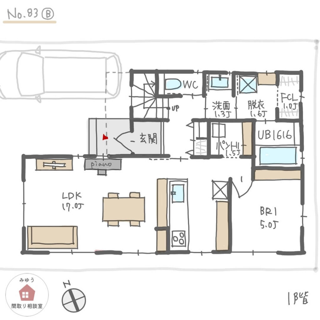 プライバシーを守りやすい、音を気にせずに済む個室配置の間取り【35坪5LDK2階建】No.83B-1階