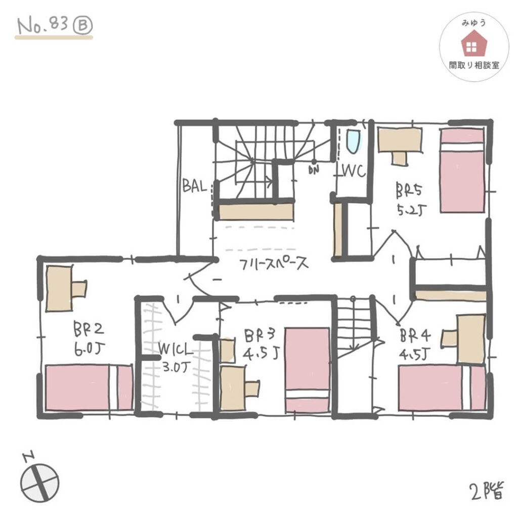 プライバシーを守りやすい、音を気にせずに済む個室配置の間取り【35坪5LDK2階建】No.83B-2階