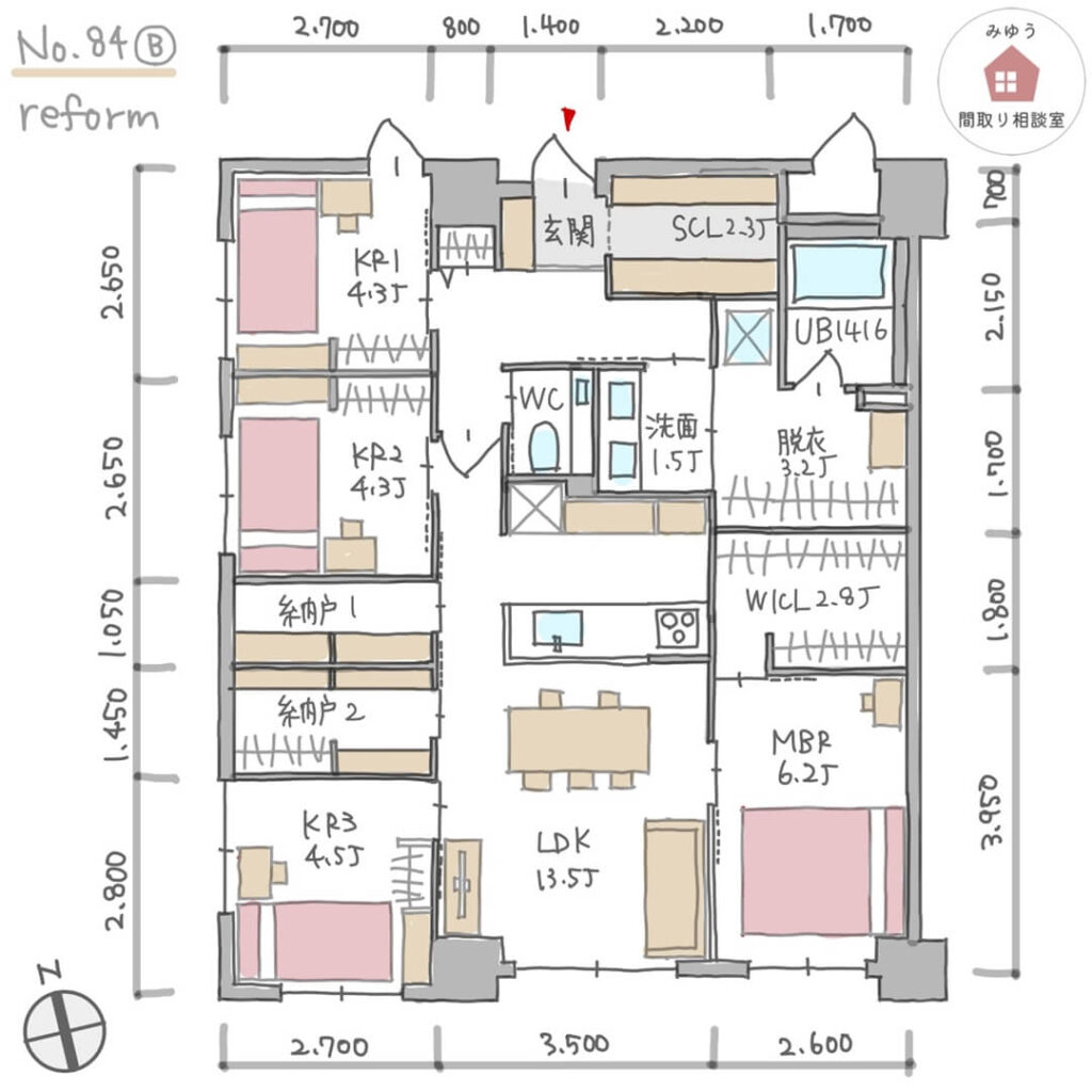 ４室の個室を設け、収納を充実させたマンションリノベーションの間取り【27坪4LDK】No.84B-寸法有