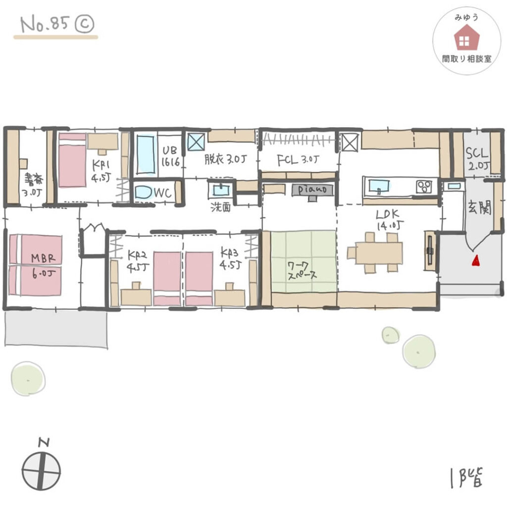 LDK横に小上がりの畳スペースとファミクロがある平屋間取り【32坪4LDK平屋建】No.85C