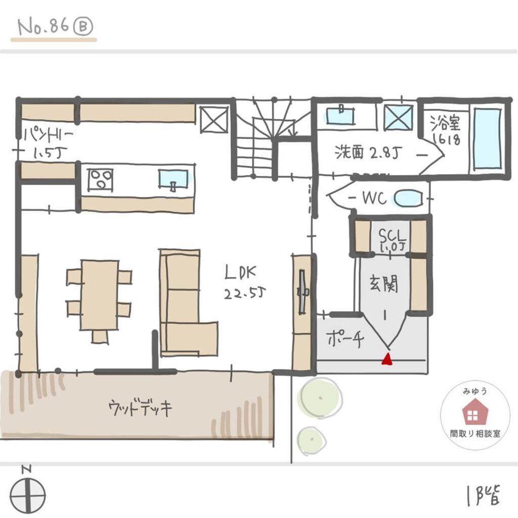 必要な場所に片付けやすい収納がある、広々LDKの間取り【36坪4LDK2階建】No.86B-1階