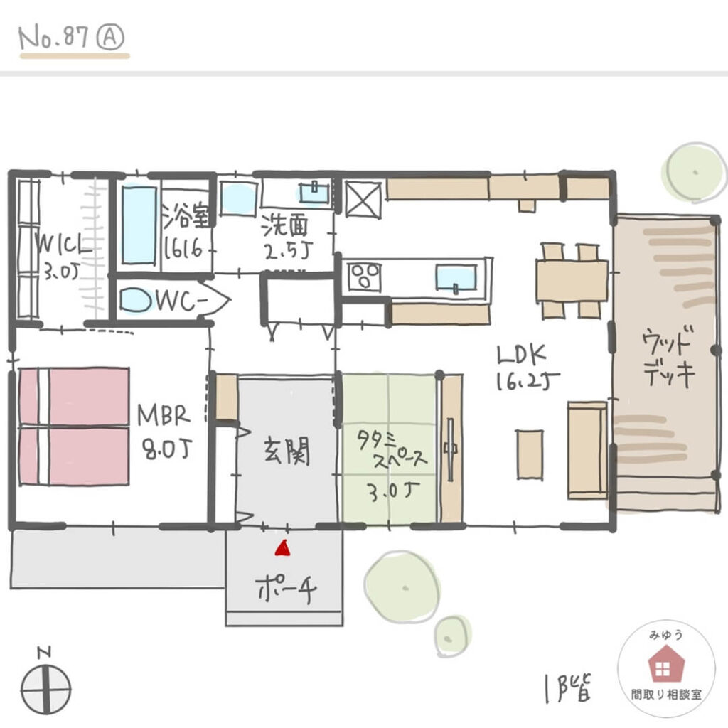 夫婦二人が居心地よく暮らせる家事ラク平屋の間取り【21坪1LDK平屋建】No.87A-1階