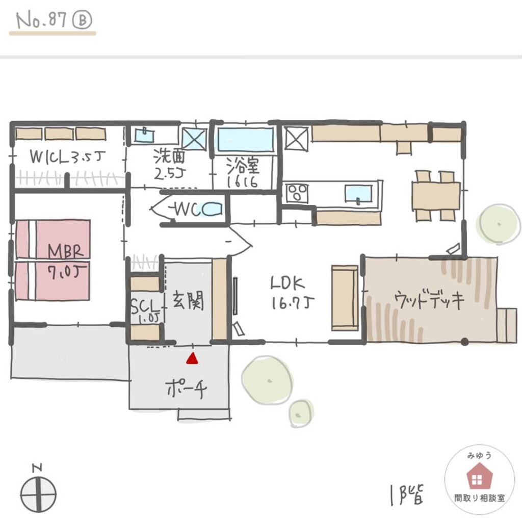 洗面所横にファミリークローゼットがある夫婦二人の家の平屋間取り【19坪1LDK平屋建】No.87B-1階