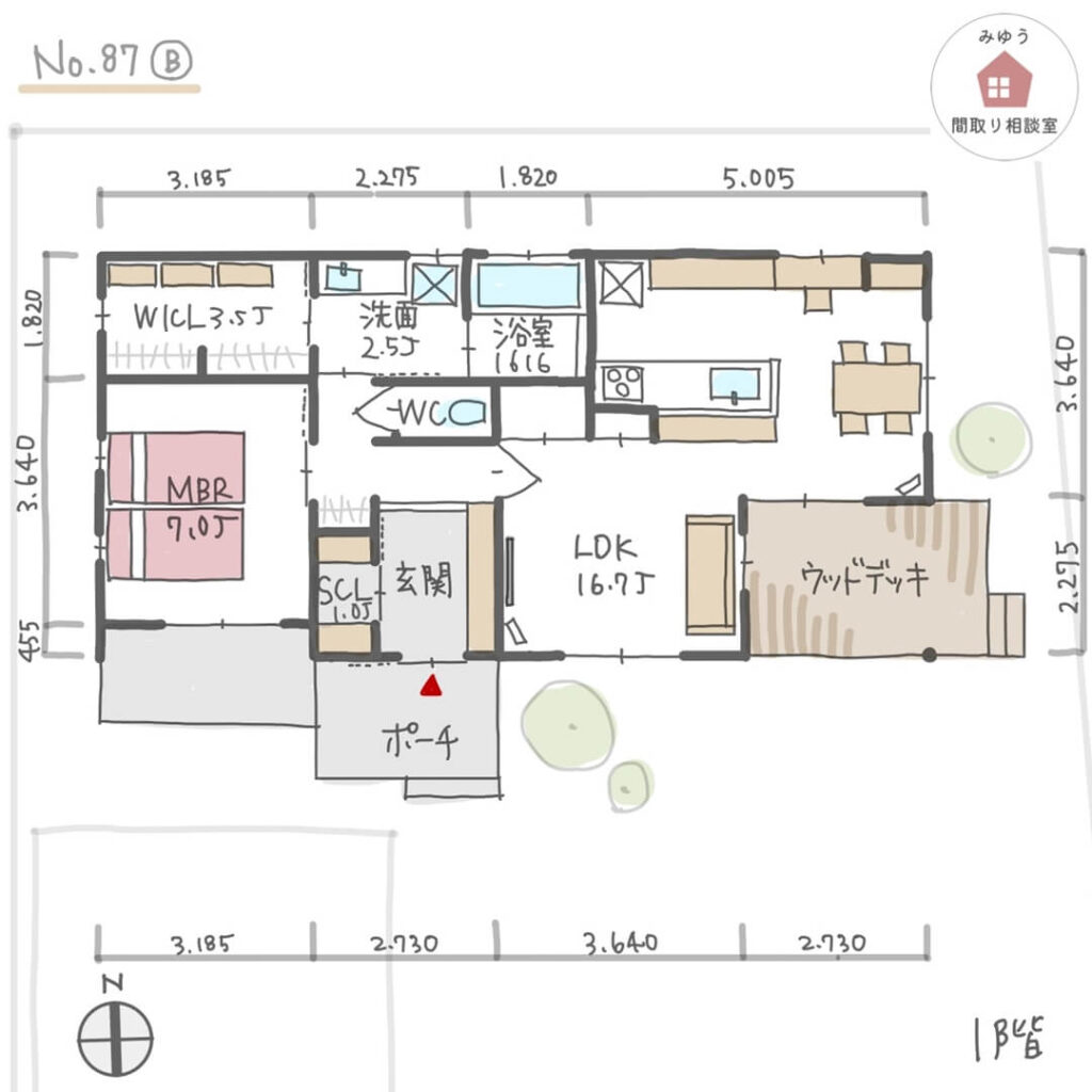 洗面所横にファミリークローゼットがある夫婦二人の家の平屋間取り【19坪1LDK平屋建】No.87B-寸法有1階