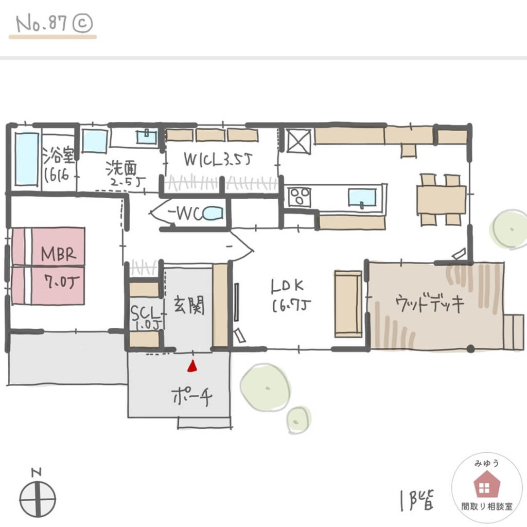 眺めの良いLDKとウッドデッキがある夫婦二人の家の平屋間取り【19坪1LDK平屋建】No.87C-1階