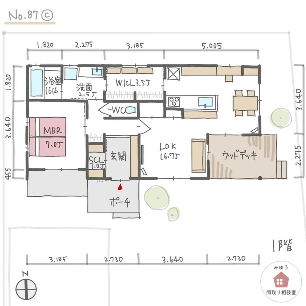 眺めの良いLDKとウッドデッキがある夫婦二人の家の平屋間取り【19坪1LDK平屋建】No.87C-寸法有1階