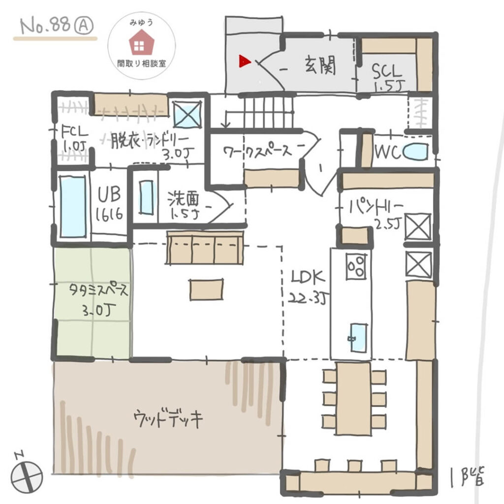 景色の良いウッドデッキとLDKが隣り合い、家族が広々と過ごせる家の間取り【36坪3LDK2階建】No.88A-1階