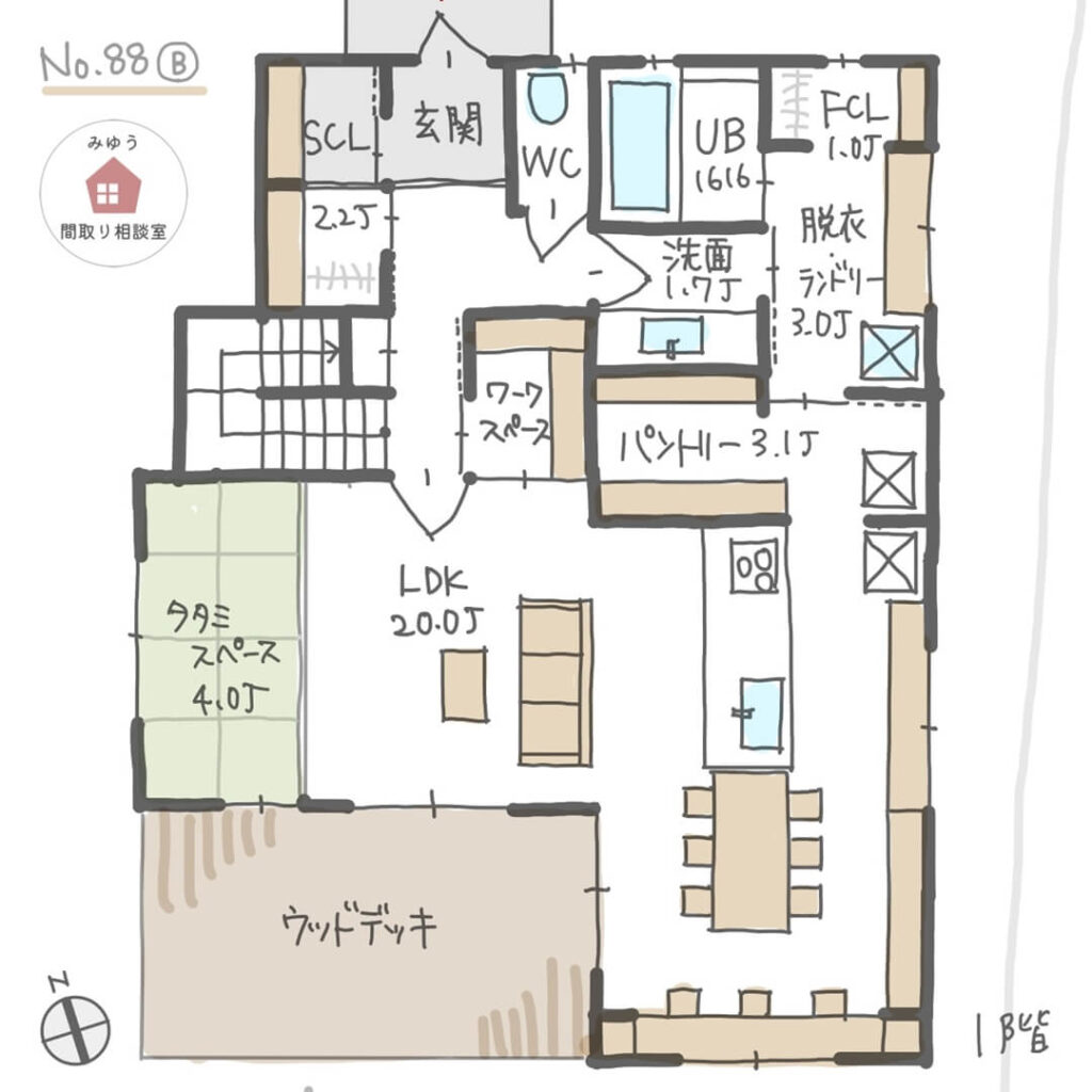 キッチンからパントリー、ランドリールーム、ファミクロにつながる間取り【36坪3LDK2階建】No.88B-1階