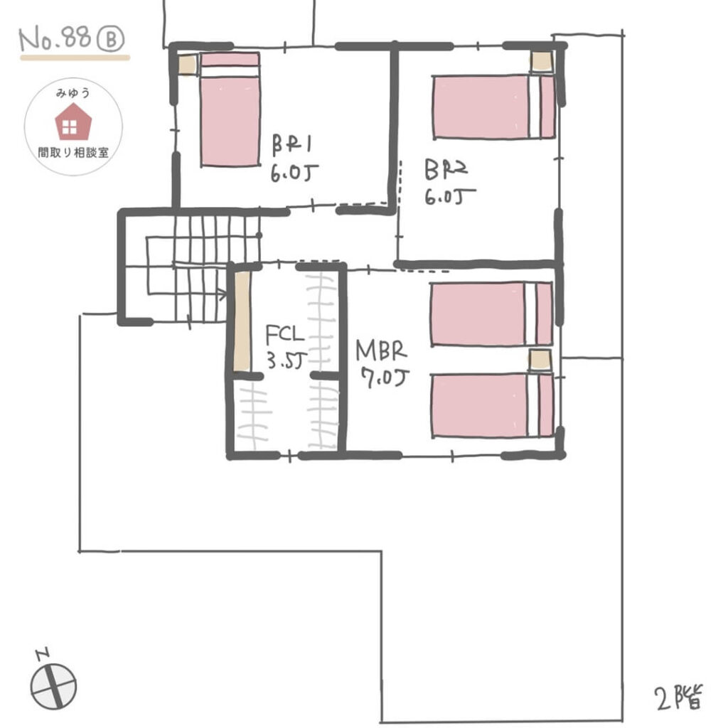 キッチンからパントリー、ランドリールーム、ファミクロにつながる間取り【36坪3LDK2階建】No.88B-2階