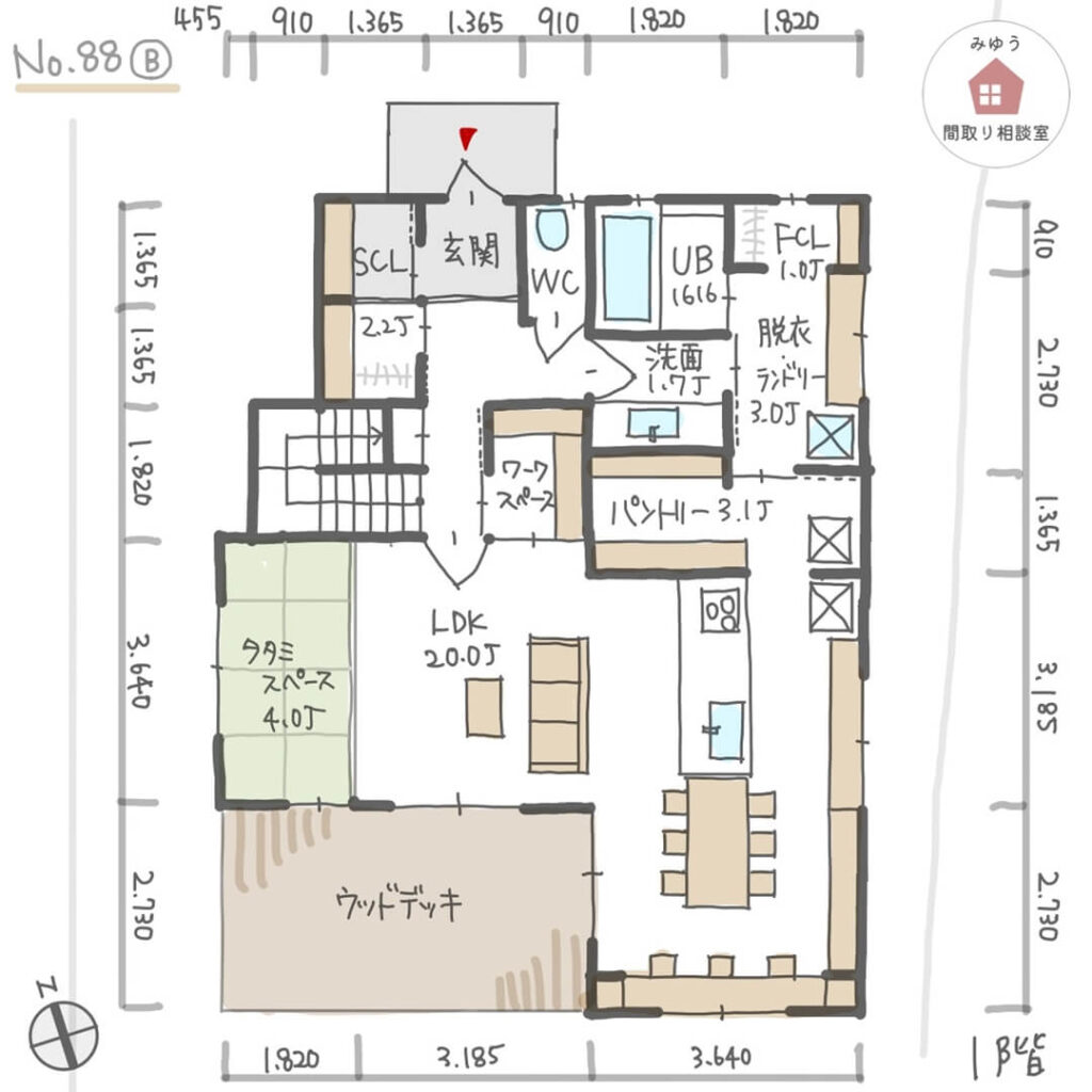 キッチンからパントリー、ランドリールーム、ファミクロにつながる間取り【36坪3LDK2階建】No.88B-寸法有1階