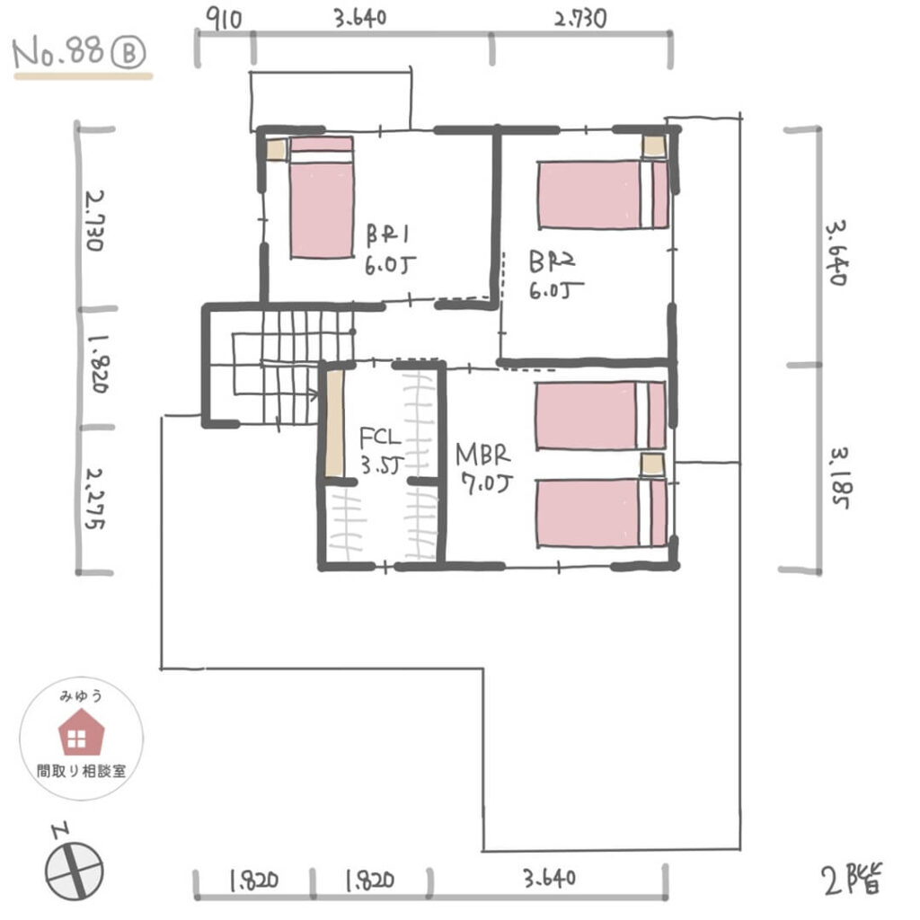 キッチンからパントリー、ランドリールーム、ファミクロにつながる間取り【36坪3LDK2階建】No.88B-寸法有2階