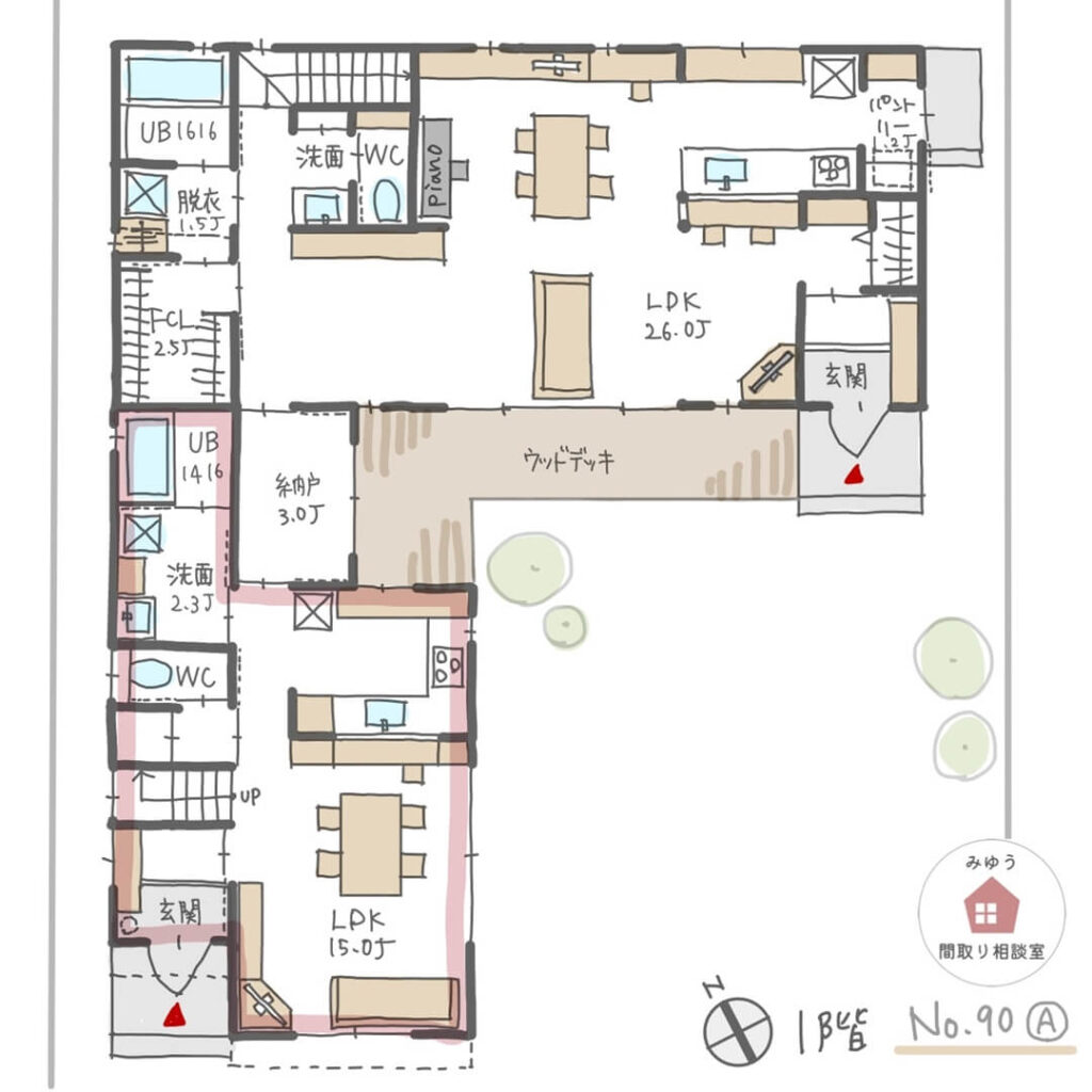 広いウッドデッキでつながる完全分離型二世帯住宅の間取り【64坪4LDK＋2LDK2階建】No.90A-1階