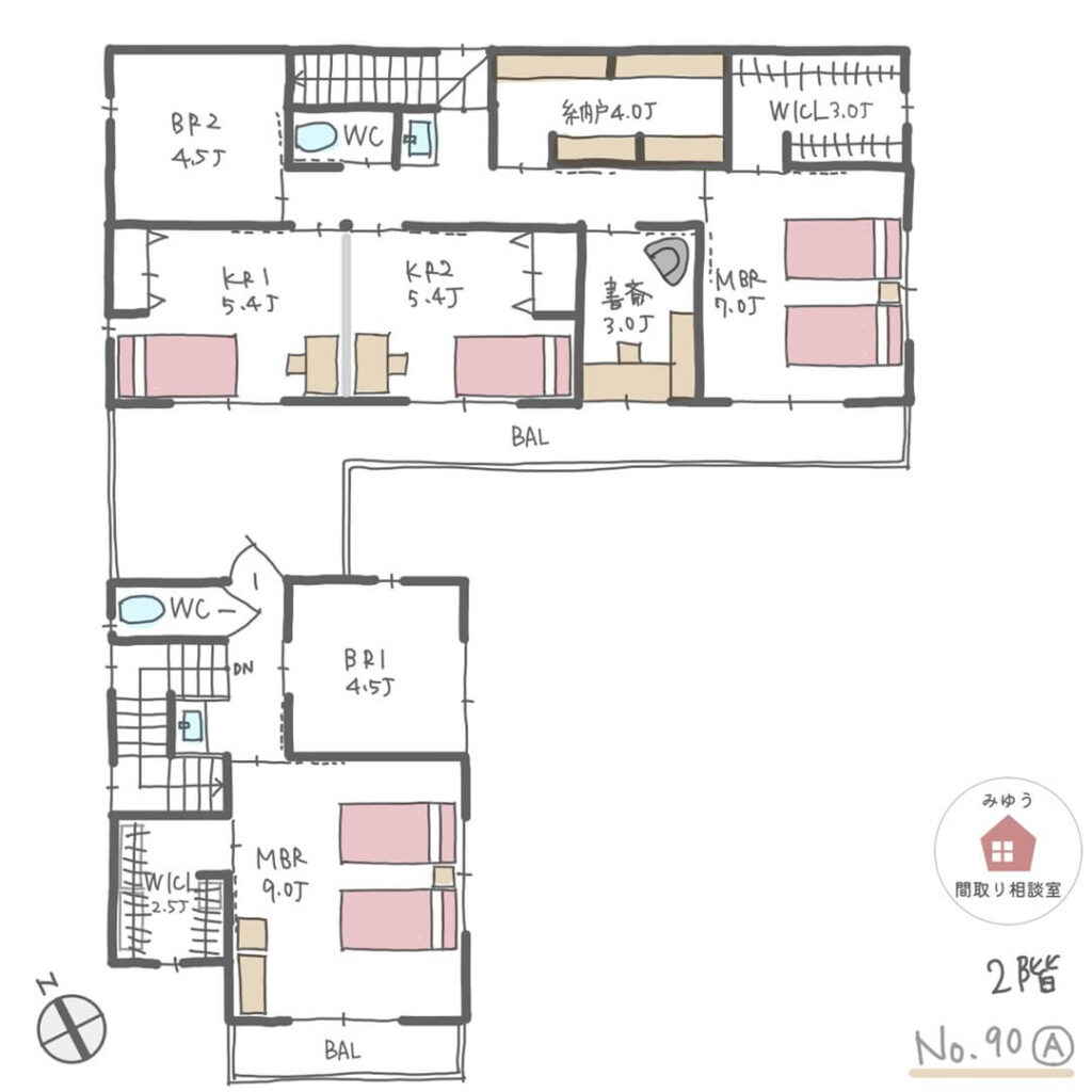 広いウッドデッキでつながる完全分離型二世帯住宅の間取り【64坪4LDK＋2LDK2階建】No.90A-2階