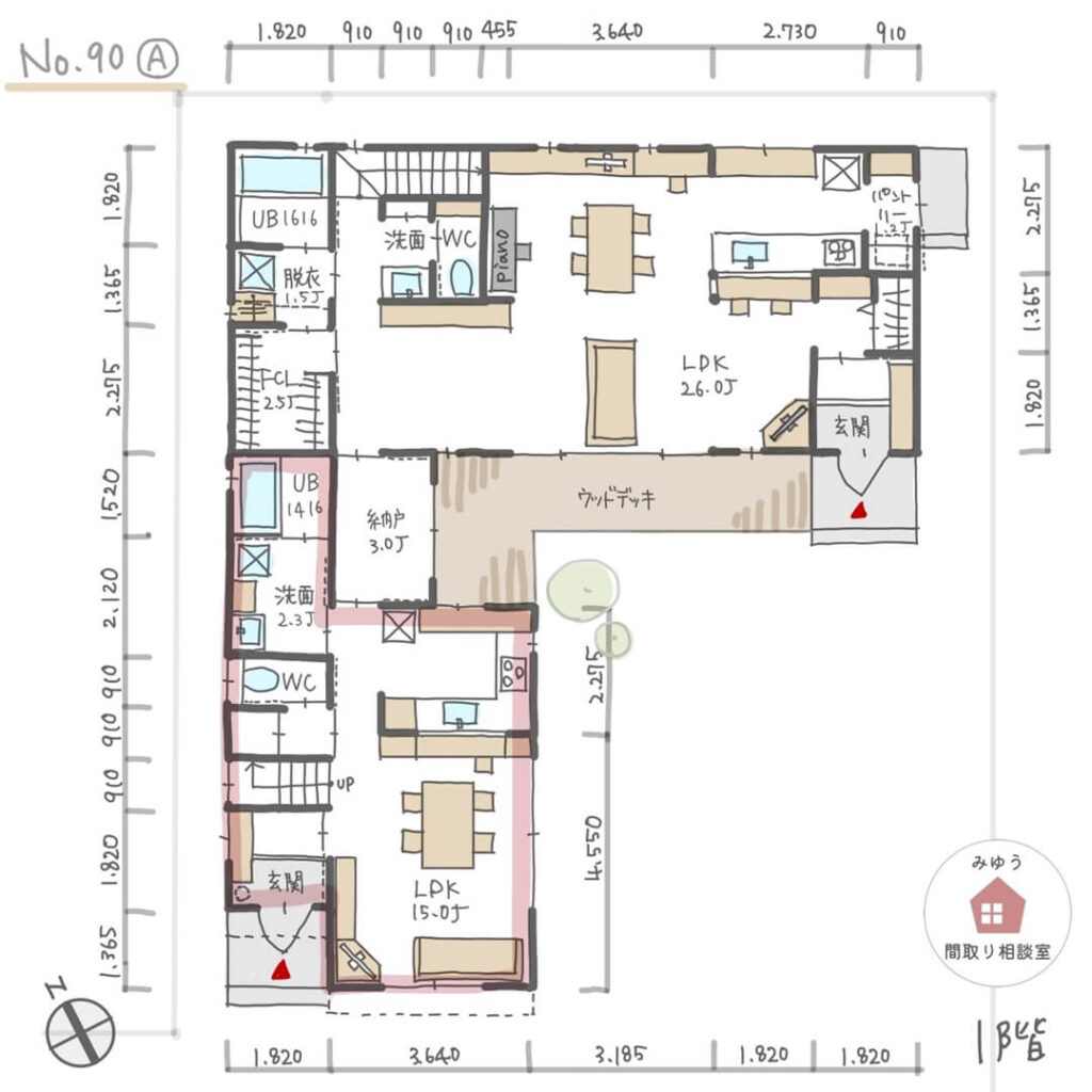 広いウッドデッキでつながる完全分離型二世帯住宅の間取り【64坪4LDK＋2LDK2階建】No.90A-寸法有1階