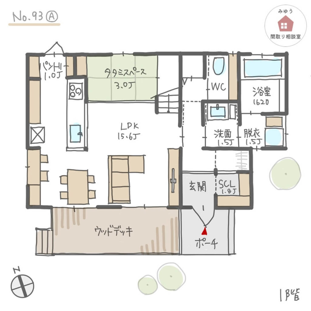 洗濯物を干す室内干しスペースとバルコニーが隣合う間取り【32坪3LDK2階建】No.93A-1階