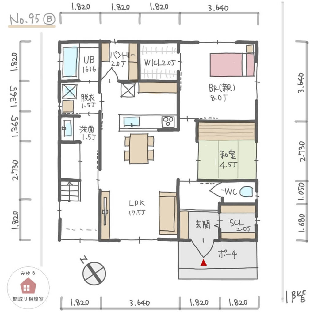 完全同居型二世帯住宅各階南面に室内干しスペースがある間取り【40坪3LDK2階建】No.95B-寸法有1階