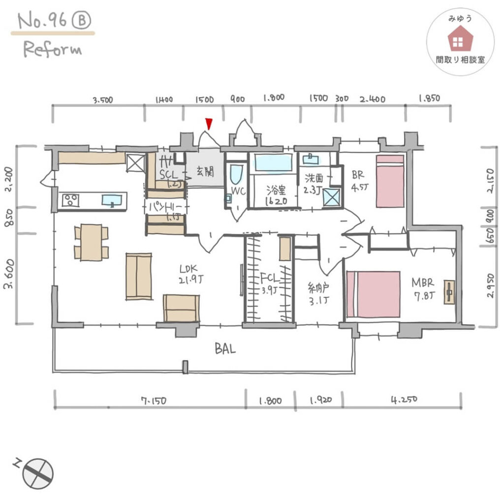 シューズクロークとパントリーを設けたマンションリノベーション間取り【28坪2LDK】No.96B-寸法有