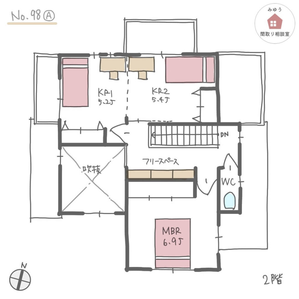 洗面・脱衣別で１階にファミリークローゼットがある回遊動線の家事ラク間取り【34坪4LDK2階建】No.98A-2階