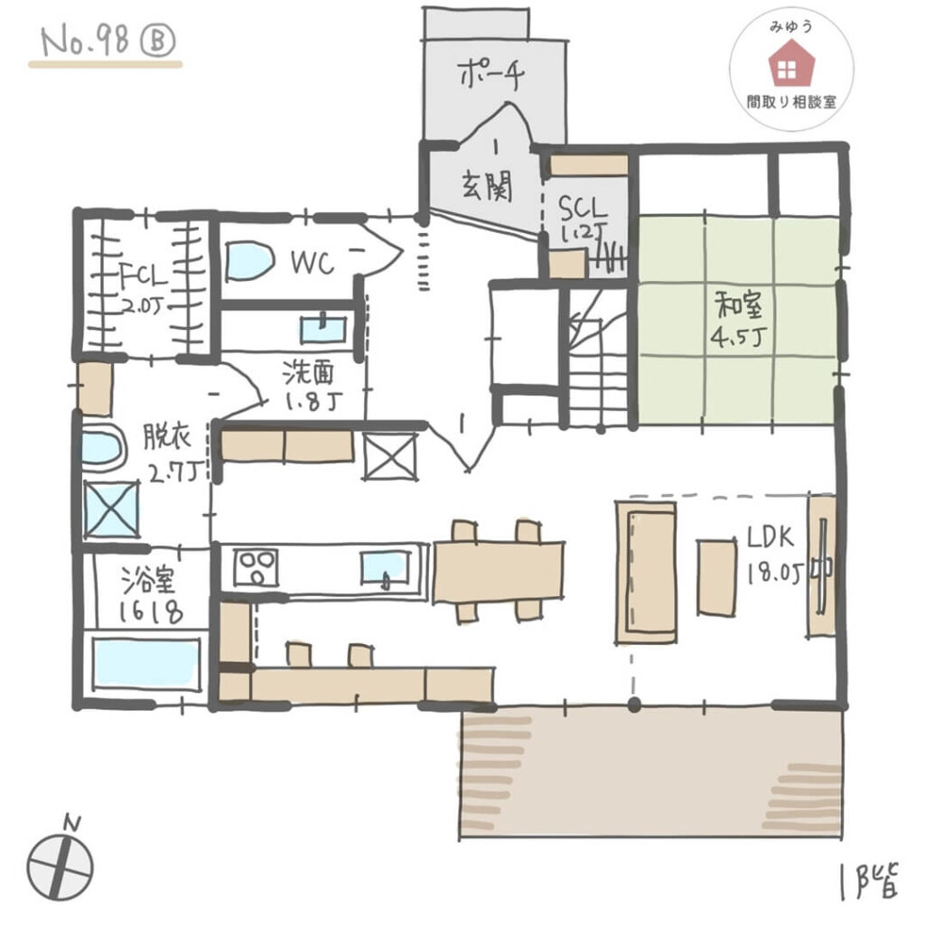 子どもの様子を見ながら家事ができる間取り【34坪4LDK2階建】No.98B-1階