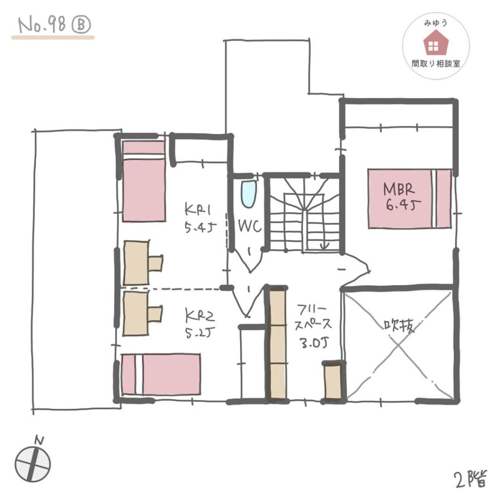 子どもの様子を見ながら家事ができる間取り【34坪4LDK2階建】No.98B-2階