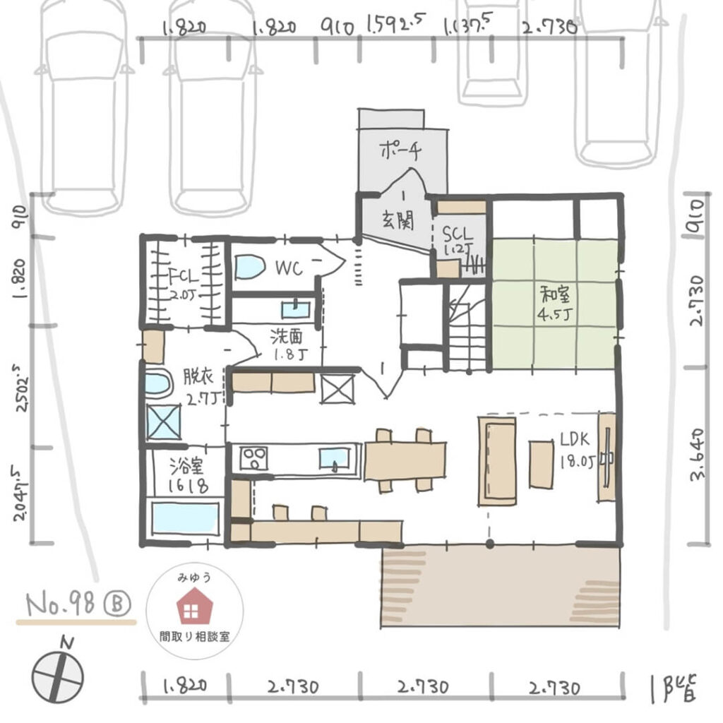 子どもの様子を見ながら家事ができる間取り【34坪4LDK2階建】No.98B-寸法有1階