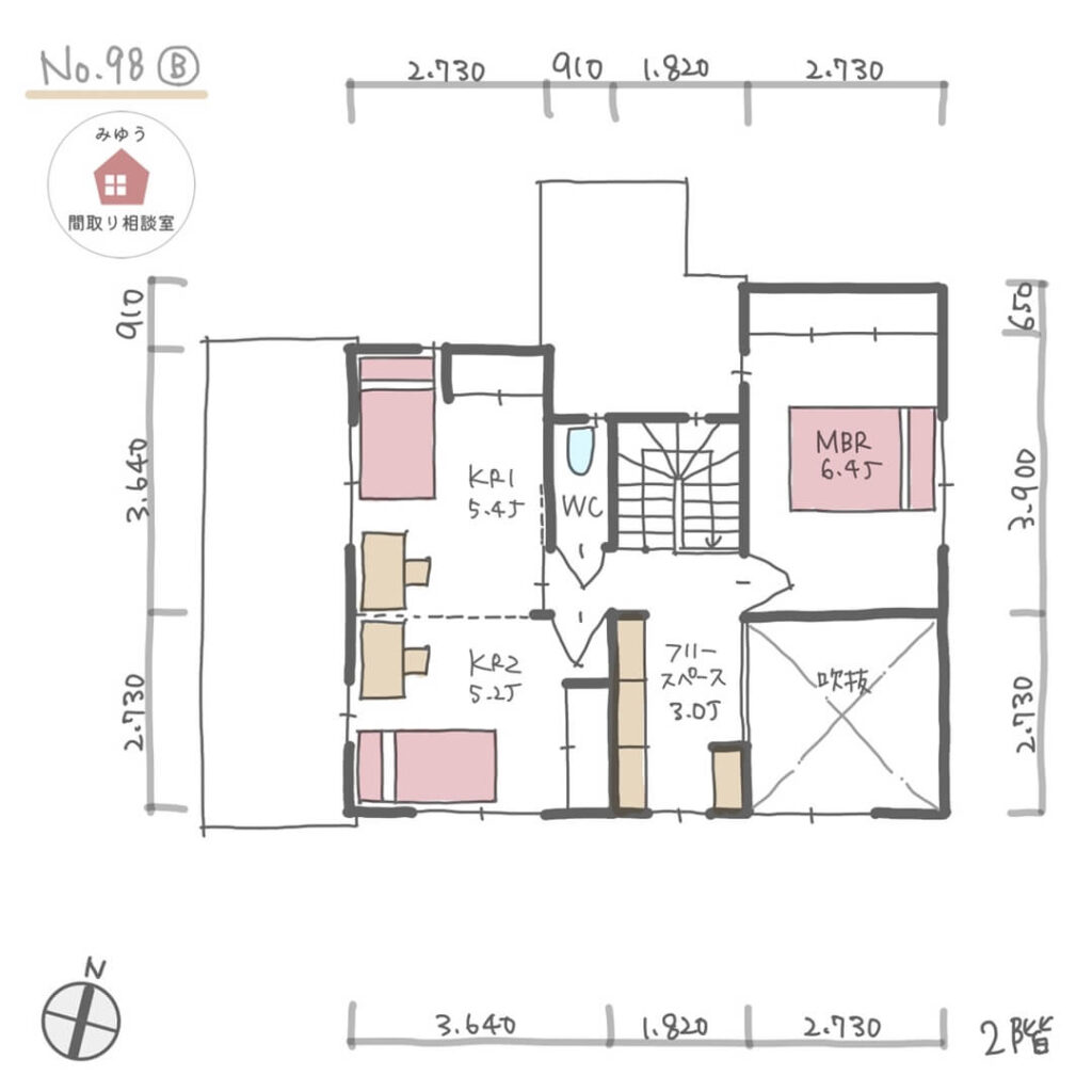 子どもの様子を見ながら家事ができる間取り【34坪4LDK2階建】No.98B-寸法有2階