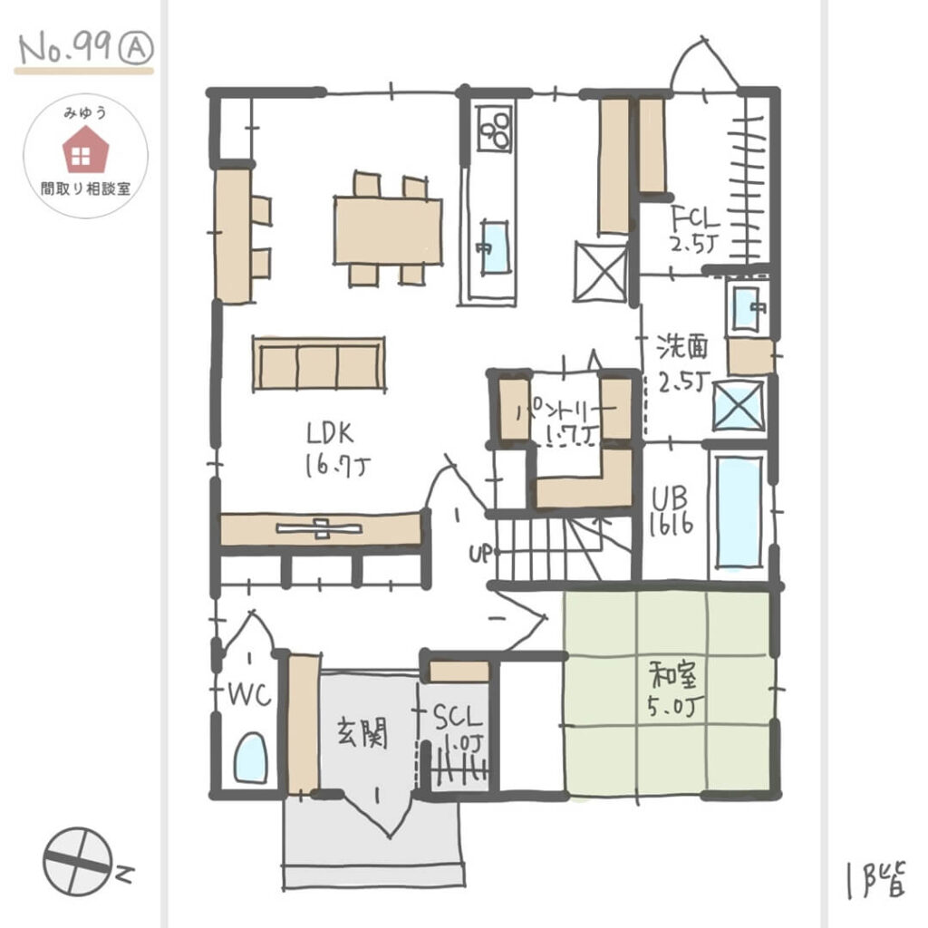 家相が良く、水回りの家事動線も良い間取り【34坪4LDK2階建】No.99A-1階