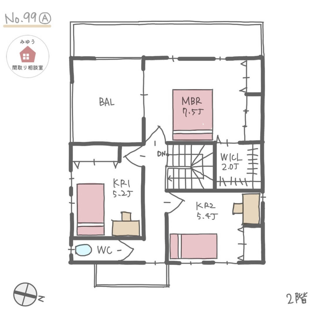 家相が良く、水回りの家事動線も良い間取り【34坪4LDK2階建】No.99A-2階