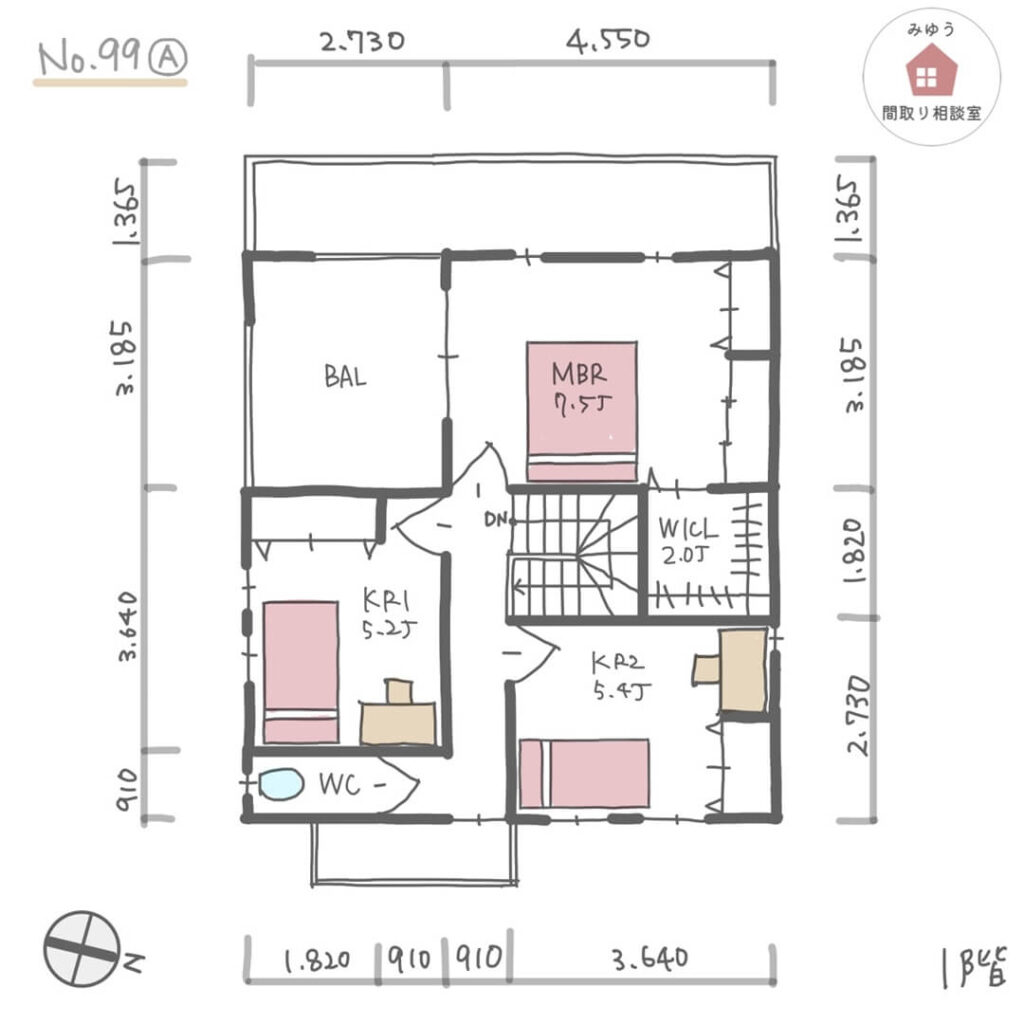 家相が良く、水回りの家事動線も良い間取り【34坪4LDK2階建】No.99A-寸法有2階