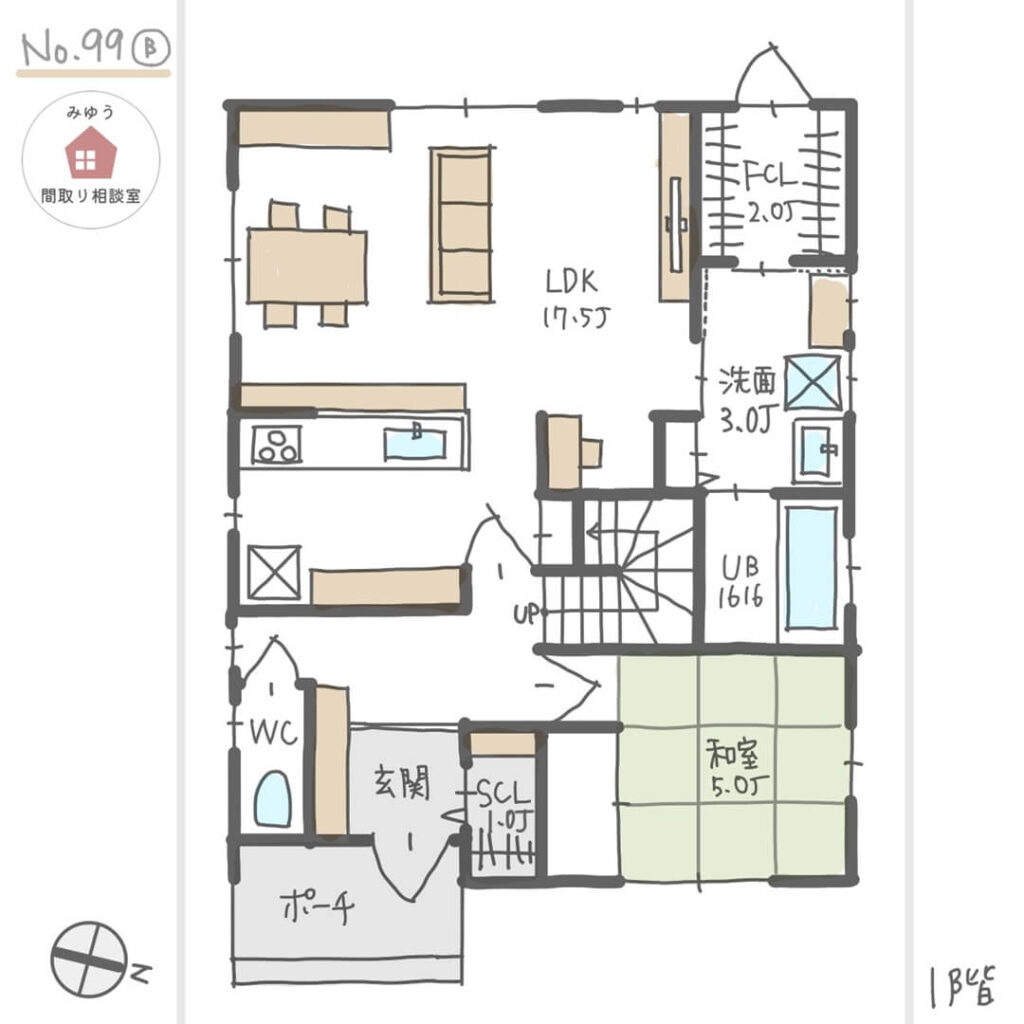 各階にファミリークローゼットがある家相の良い間取り【34坪4LDK2階建】No.99B-1階