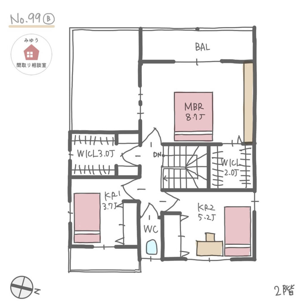 各階にファミリークローゼットがある家相の良い間取り【34坪4LDK2階建】No.99B-2階