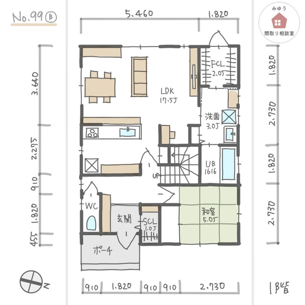 各階にファミリークローゼットがある家相の良い間取り【34坪4LDK2階建】No.99B-寸法有1階