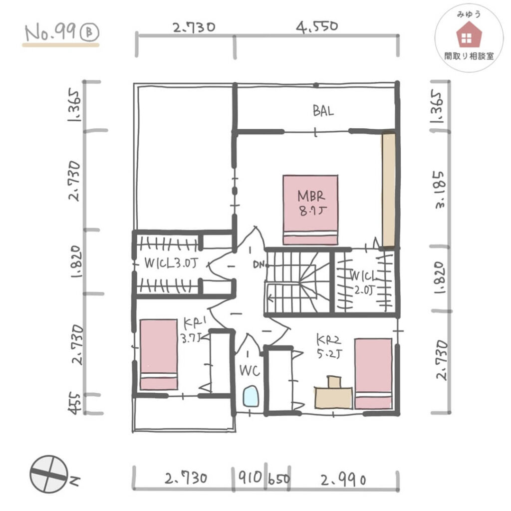 各階にファミリークローゼットがある家相の良い間取り【34坪4LDK2階建】No.99B-寸法有2階