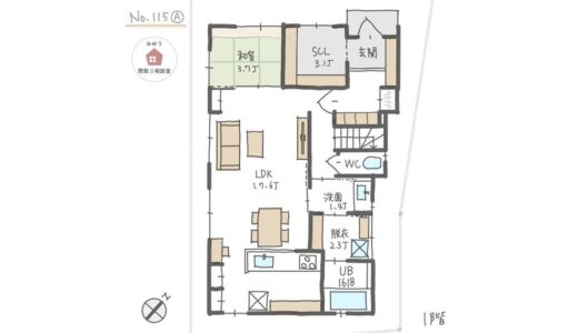 作業ができる広い土間収納があり、帰宅時の片付けもしやすい間取り【34坪4LDK2階建】No.115A