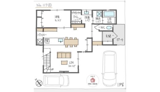 フルフラットキッチンとダイニングテーブルが横並びで、家族の様子が見やすい間取り【35坪4LDK2階建】No.117A