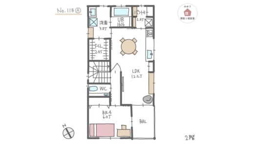 家事をする場所の隣に収納が充実している、犬と暮らす家【34坪5LDK2階建】No.118A