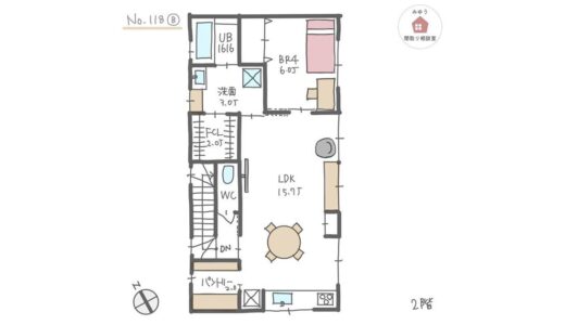 １階にドッグルームと主寝室、２階にリビングと水回りがある総二階の間取り【36坪5LDK2階建】No.118B