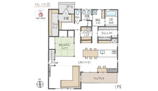 広い吹抜けリビングがあり、水回りの間に収納が集中している家事ラク回遊動線間取り【53坪5LDK2階建】No.119A