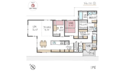 日当たりの良いランドリールームの近くにファミクロがある洗濯動線の良いほぼ平屋間取り【29坪2LDK2階建】No.121C