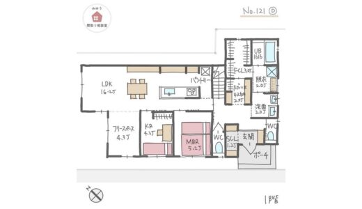 キッチン周りを回遊でき、広く庭に繋がるリビングで犬との暮らしを楽しめるほぼ平屋間取り【29坪2LDK2階建】No.121D