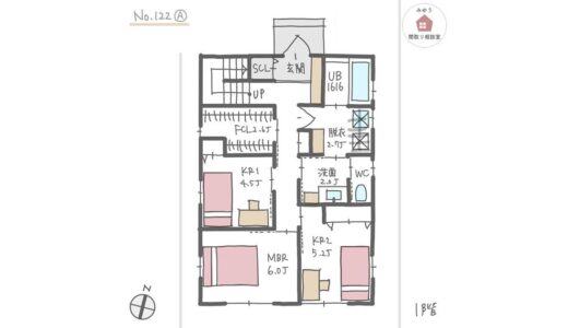 ２階リビングで日当たりの良いバルコニーとリビングが繋がる間取り【33坪4LDK2階建】No.122A