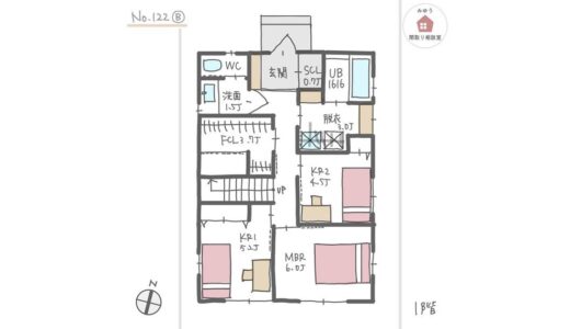 洗濯機と乾太くん横並びに設けた広めランドリーとファミクロが近接した洗濯がラクになる間取り【33坪4LDK2階建】No.122B