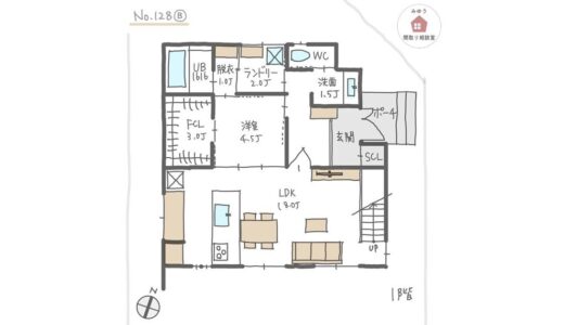 南面に直線配置のＬＤＫ、吹抜けリビングにスケルトン階段がある間取り【32坪4LDK2階建】No.128B