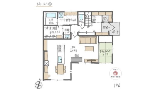 アイランドキッチンとテーブル横並びで家族の様子が見やすいLDKの間取り【36坪4LDK2階建】No.129C