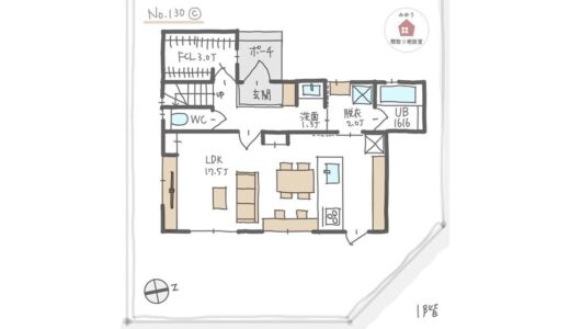 リビングが景色の良い場所にあるLDK直線配置の間取り【27坪3LDK2階建】No.130B