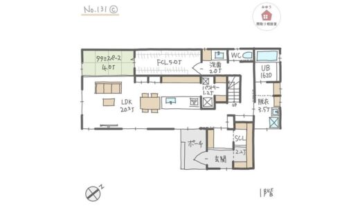 キッチンテーブル横並び配置で南側の庭を向いているＬＤＫの間取り【37坪3LDK2階建】No.131C