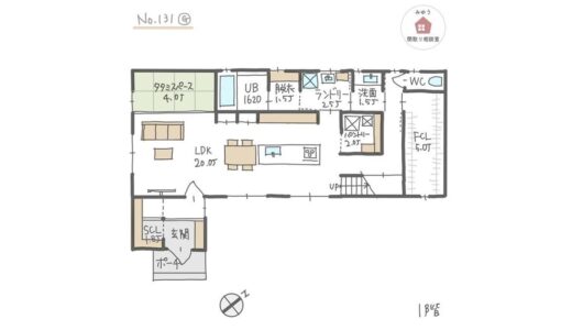 畳スペースやリビングから庭の景色を楽しめるLDK直線配置間取り【38坪3LDK2階建】No.131G