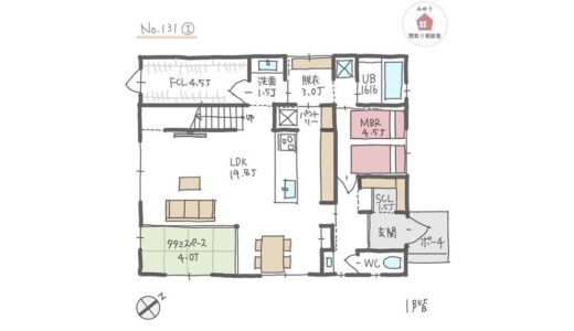 １階に主寝室を設けたほぼ平屋の回遊動線間取り【36坪3LDK2階建】No.131I