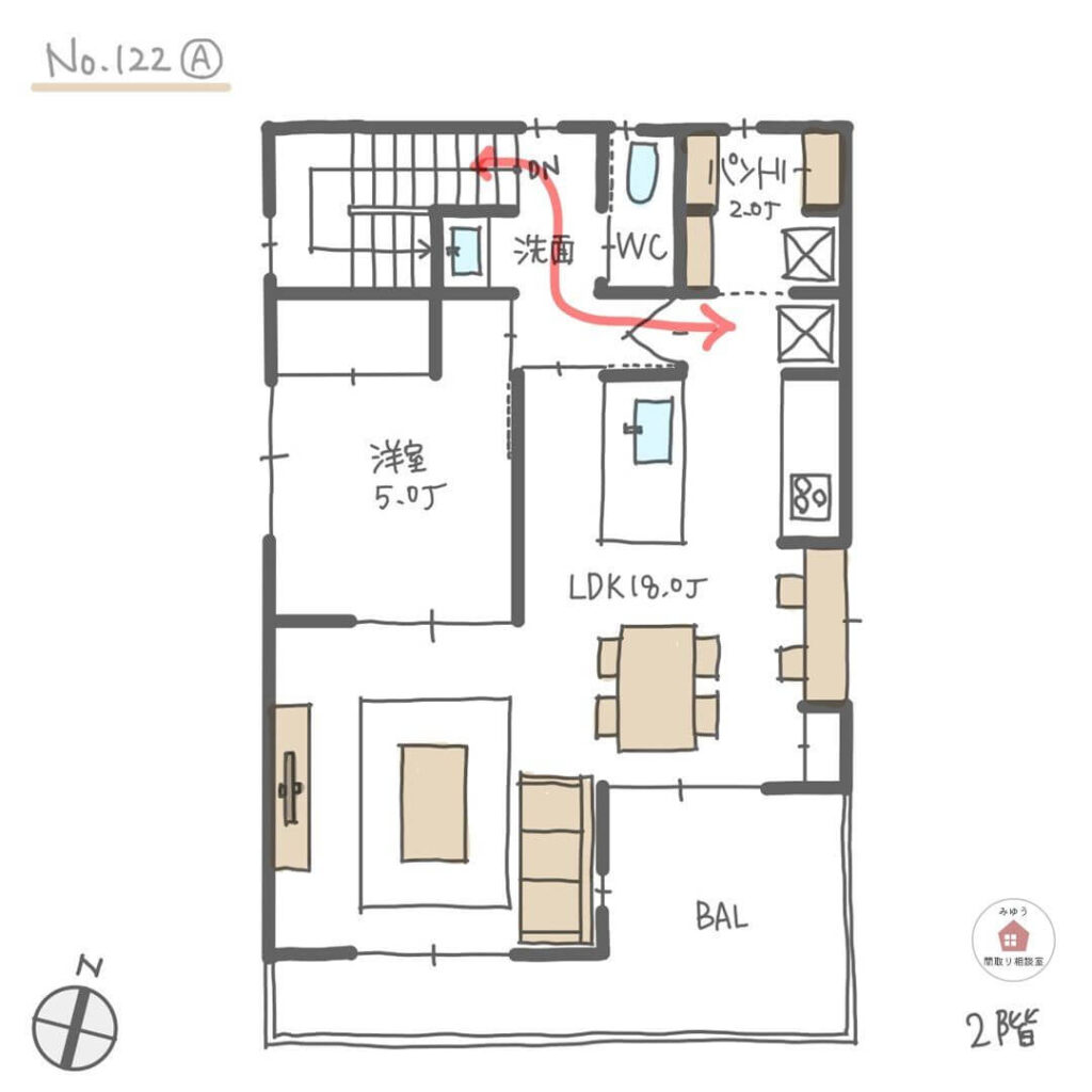 料理と洗濯を並行しやすい家事動線2階