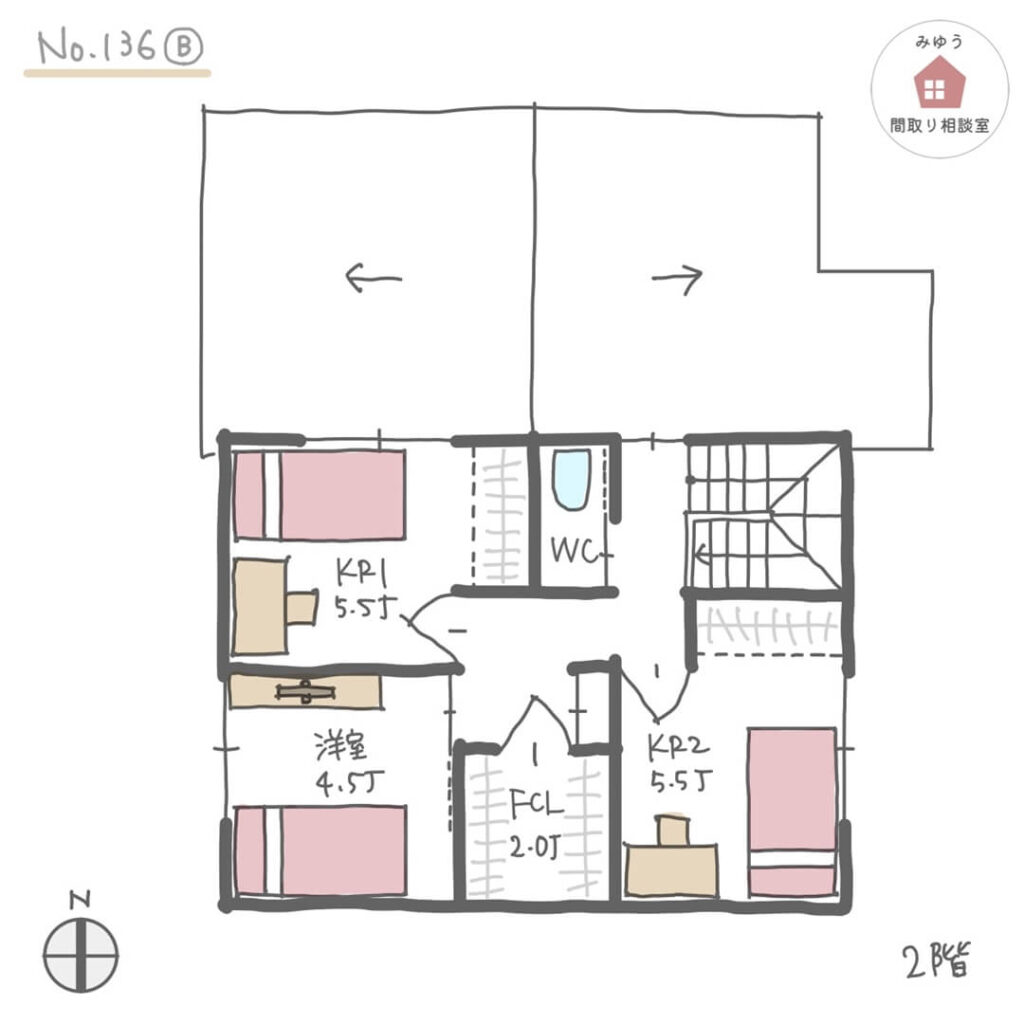 子供が小さい間や老後に１階だけで暮らせる独立和室のある間取り【【31坪4LDK2階建】No.136B-2階